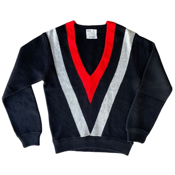 Vintage 1960s SEARS SPORTSWEAR Black Red Stripe Knit Pullover Sweater Mens Small - Picture 1 of 4